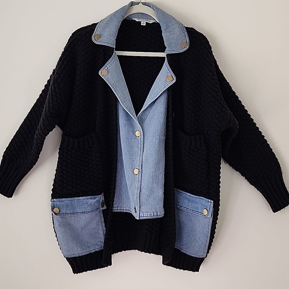 Davi & Dani Denim Collar Black Chuncky Knit  Button Front Cardigan Oversized S - Picture 4 of 14